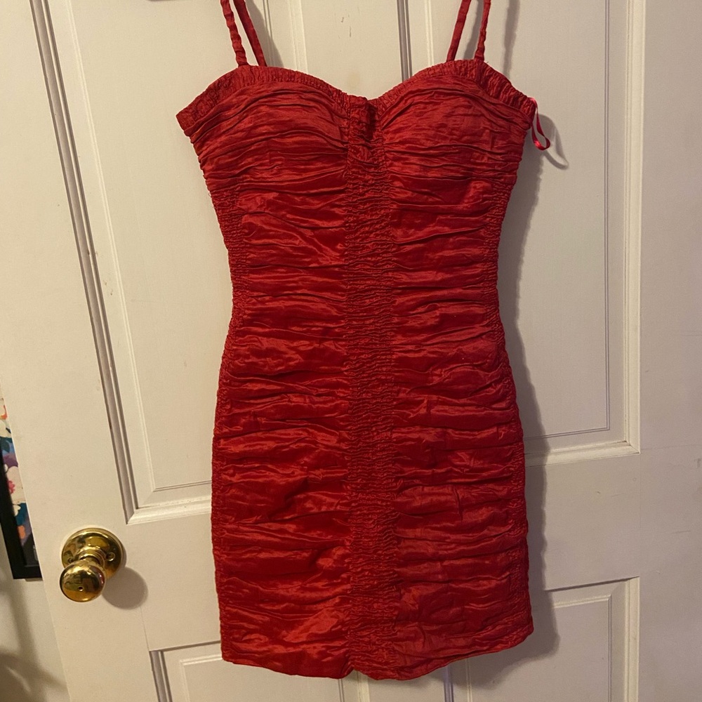 Bcbgmaxazria red ruched mini dress
